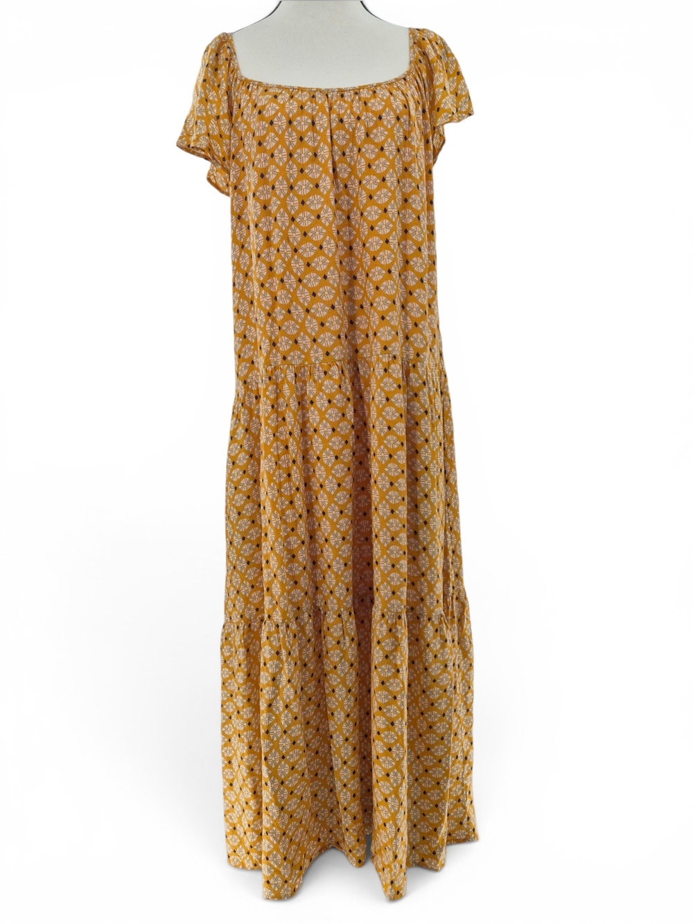 Knox Rose Mustard Yellow Maxi Dress L Rayon Geometric Cottagecore Vacation Lined